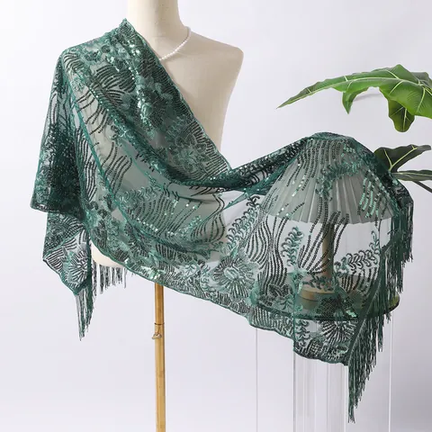 Women Elegant Sunflower Sequin Embroidery Shawl With Tassel Evening Gown Qipao Wrap Scarf For Wedding Banquet Party Vintage Ethnic Wrap