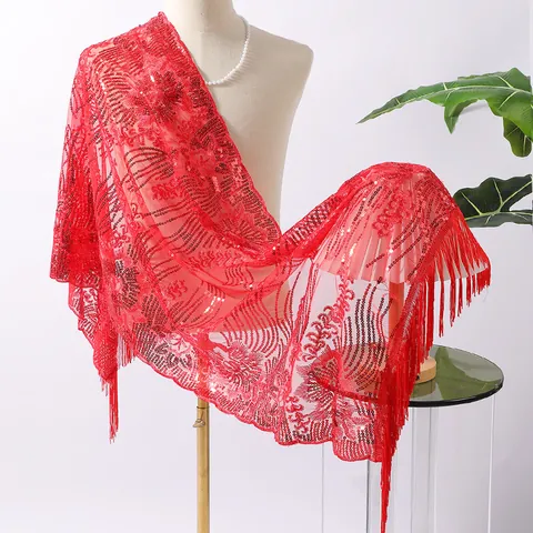 Women Elegant Sunflower Sequin Embroidery Shawl With Tassel Evening Gown Qipao Wrap Scarf For Wedding Banquet Party Vintage Ethnic Wrap