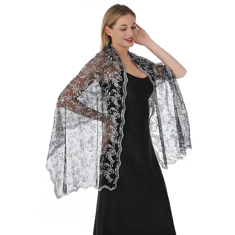 Elegant Women Sequin Embroidered Shawl Phoenix Tail Pattern Mesh Wrap For Wedding Party Bridesmaid Dress Accessories