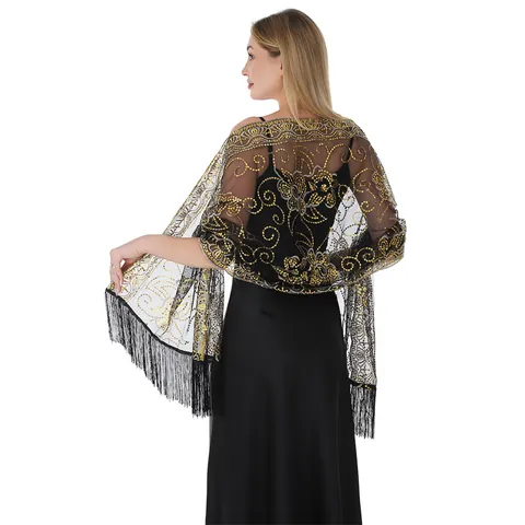 Elegant Polyester Sequin Flower Shawl Wrap With Long Tassel For Women Luxury Mesh Mesh Lace Cape For Evening Banquet Prom Wedding
