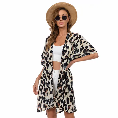 Cardigan Kimono da Donna Taglie Forti con Stampa Leopardata Copricostume da Spiaggia Estivo Protezione Solare Larga