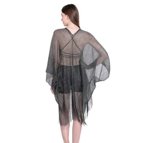 Women Bohemian Bikini Cover Up Metallic Glitter Shawl With Fringe Slit Beach Sun Protection Resort Wear Polyester Shawl