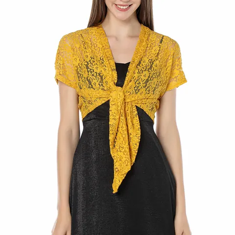 Women's Plus Size Lace Shrug Cardigan Floral Hollow Out Sheer Bolero With Tie Front Short Sleeve For Cheongsam Evening Dress