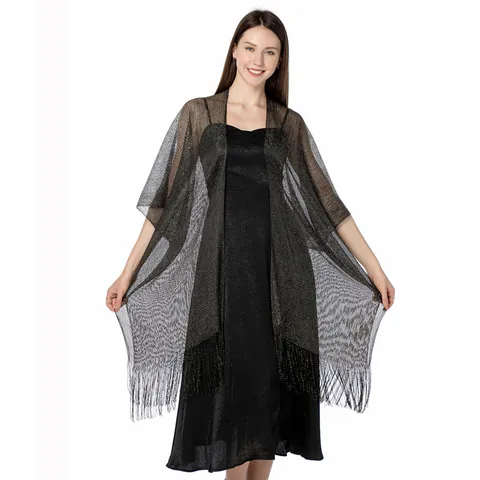Elegant Women Metallic Lurex Shawl With Fringe Tassels Shiny Evening Wrap For Formal Gown Cheongsam Polyester Jacquard Shawl