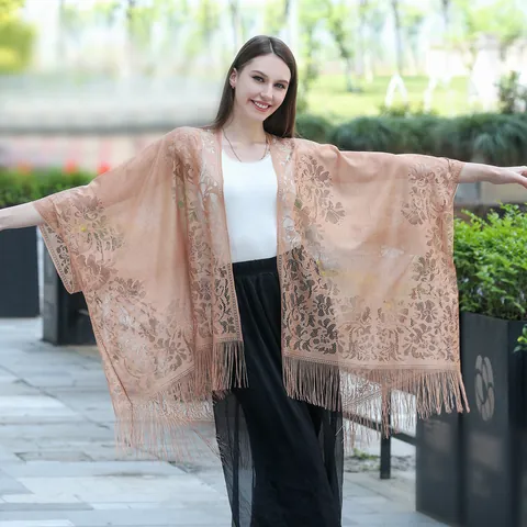 Women Elegant Hollow Lace Shawl Cardigan Fringe Tassel Wrap Scarf For Wedding Vacation Beach Party Breathable Polyester Shrug