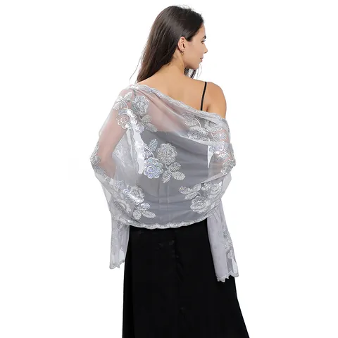 Large Peony Sequin Embroidered Shawl For Women Mesh Wrap For Wedding Evening Dress Bridal Bridesmaid Accessory Elegant Scarf