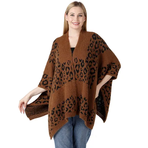 Women Leopard Print Knitted Poncho Cape Open Front Side Slit Shawl Wrap Plush Warm Autumn Winter Fashion Outwear Top