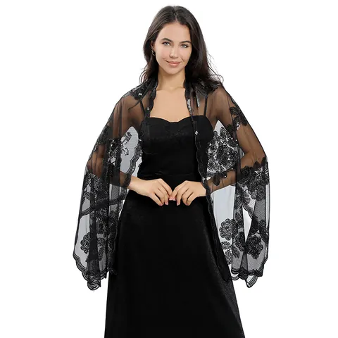Large Peony Sequin Embroidered Shawl For Women Mesh Wrap For Wedding Evening Dress Bridal Bridesmaid Accessory Elegant Scarf