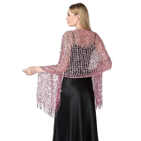 Women Sequin Embroidered Shawl Elegant Tassel Wrap For Evening Party Wedding Banquet Stage Performance Sequin Scarf Shawl