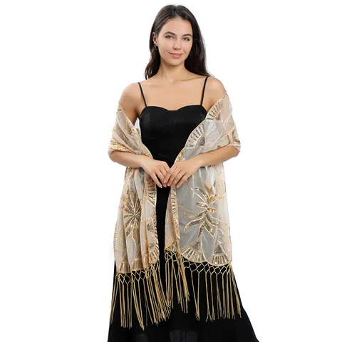 Damen Langer Pailletten Bestickter Netz Schal Tüll Abendkleid Wickel-Schal Eleganter Hochzeits-Party Umhang