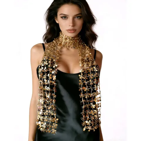 Women Fashion Sequin Scarf Hollow Out Flower Pattern Metallic Neck Gaiter For Party Carnival Trendy Decorative Scarf
