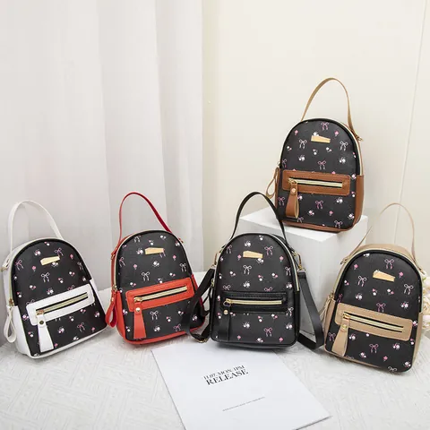 Women Fashion Printed Mini Backpack PU Leather Contrast Color Crossbody Bag Sweet Floral Bow Small Phone Pouch Daypack Handbag