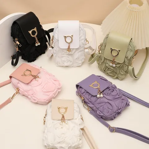 Bolso Bandolera Vertical para Teléfono Mujer con Pétalos Florales 3D y Cierre de Metal de Gato Borla de Perla Artificial Mini Bolso de Hombro de Cuero PU