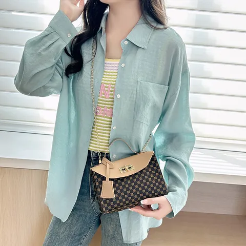 Fashion Women Contrast Color Square Bag Retro Geometric Print PU Leather Chain Crossbody Bag With Gold Lock Small Shoulder Bag Daily Purse