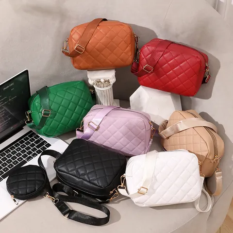 Fashion Women Quilted Rhombic Crossbody Bag PU Leather Embroidered Small Square Bag With Round Coin Purse Shoulder Bag