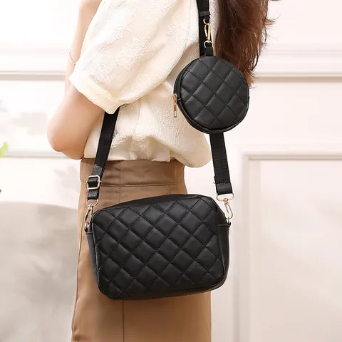 Fashion Women Quilted Rhombic Crossbody Bag PU Leather Embroidered Small Square Bag With Round Coin Purse Shoulder Bag