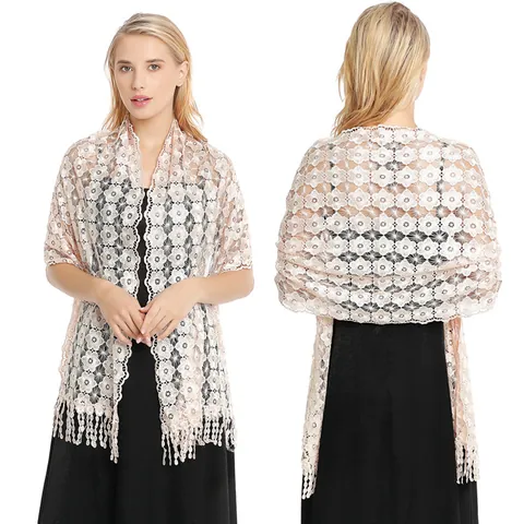 Elegant Polyester Embroidery Lace Shawl With Tassels Hollow Out Floral Wrap Scarf For Evening Wedding Party Dresses Women Jewelry Accessories