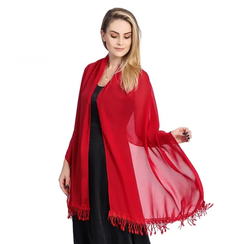 Damen Chiffon Schal Eleganter Einfarbiger Spitzenbesatz Quasten Wickelschal Für Hochzeit Abendparty Kleid Braut Accessoire