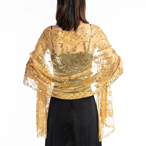 Elegant Floral Sequin Embroidery Mesh Shawl For Women Wedding Evening Gown Cheongsam Scarf Bridal Bridesmaid Formal Party Accessory