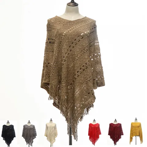 Women's Western Style Knitted Hollow Pullover Poncho With Tassels Bohemian Geometric Crochet Shawl Loose Casual Cape For Autumn Winter