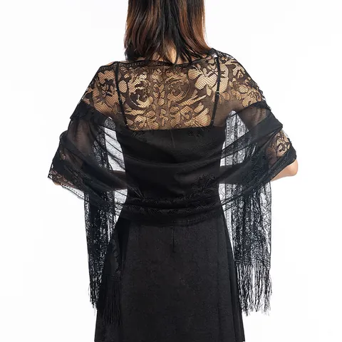 Women Hollow Out Lace Shawl With Tassels Floral Pattern Evening Dress Wrap Scarf Wedding Party Scarf Polyester Floral Shawl