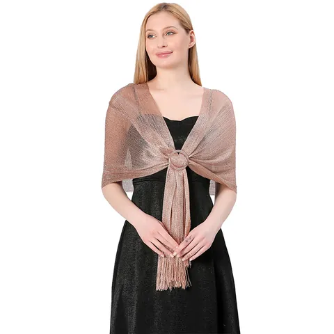 Damen Metallisch Lurex Schal Wrap Mit Ring Schnalle Quasten Glitzernd Abend Party Hochzeit Schal Für Brautjungfer