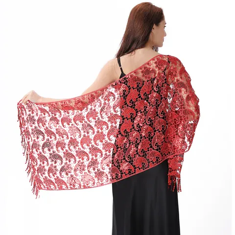 Women's Paisley Water Soluble Sequin Shawl Elegant Embroidered Lace Fringe Wrap For Evening Dress Wedding Banquet Party Polyester Scarf