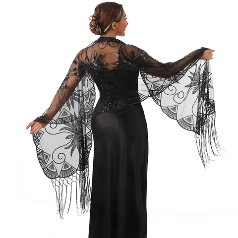 Damen Langer Pailletten Bestickter Schal Netz Abendparty Hochzeit Cape Mit Quasten Elegantes Vintage Wrap Zubehör