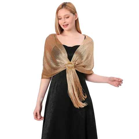 Women Elegant Metallic Sparkle Shawl Wrap For Evening Dress Wedding Party Bridal Sheer Scarf With Buckle And Tassels For Women