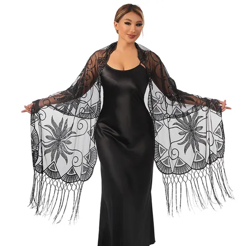 Damen Langer Pailletten Bestickter Schal Netz Abendparty Hochzeit Cape Mit Quasten Elegantes Vintage Wrap Zubehör