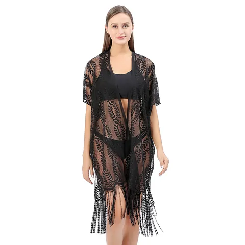 Dames Sexy Kant Haken Strandjurkje Kwastje Franje Cardigan Oversized Doorschijnend Bladpatroon Zomer Zonbescherming Top