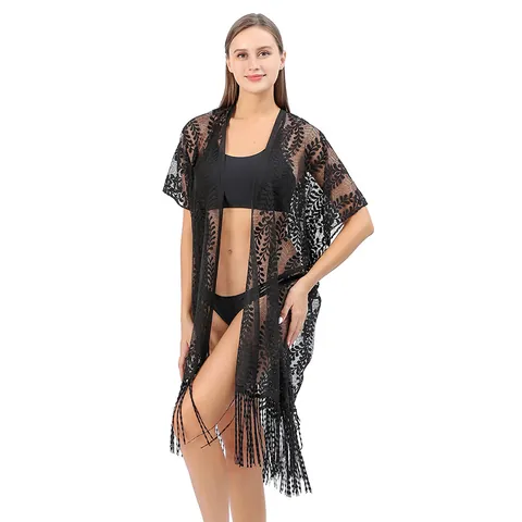 Dames Sexy Kant Haken Strandjurkje Kwastje Franje Cardigan Oversized Doorschijnend Bladpatroon Zomer Zonbescherming Top
