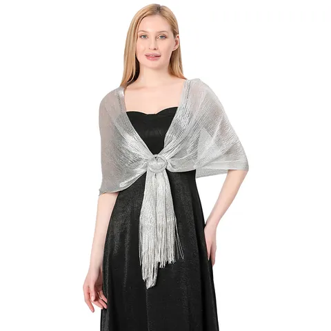 Women Elegant Metallic Sparkle Shawl Wrap For Evening Dress Wedding Party Bridal Sheer Scarf With Buckle And Tassels For Women