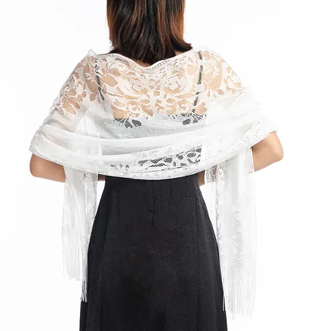 Women Hollow Out Lace Shawl With Tassels Floral Pattern Evening Dress Wrap Scarf Wedding Party Scarf Polyester Floral Shawl