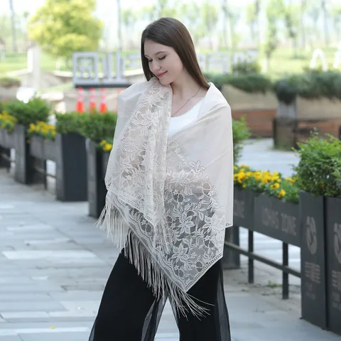 Women Elegant Floral Lace Shawl With Soft Tassels Bridal Wedding Dress Wrap Evening Party Scarf Decorative Polyester Accessory