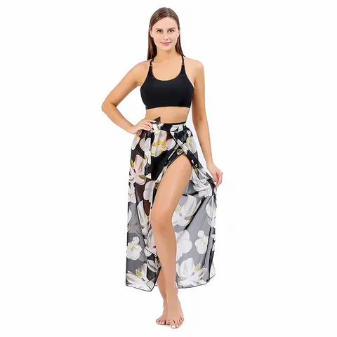 Damen Casual Blumenprint Strand Sarong Wickelrock Langer Chiffon Badeanzug Cover Up Strandurlaub Sommerkleid