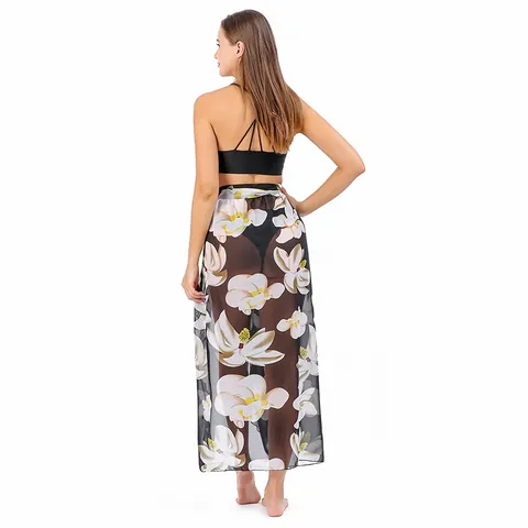 Damen Casual Blumenprint Strand Sarong Wickelrock Langer Chiffon Badeanzug Cover Up Strandurlaub Sommerkleid