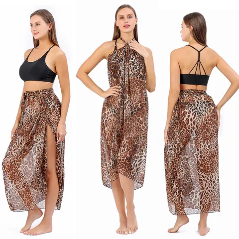 Women's Plus Size Leopard Floral Print Beach Sarong Wrap Skirt Chiffon Bikini Cover Up Tie Waist Summer Beachwear Bottom Apparel