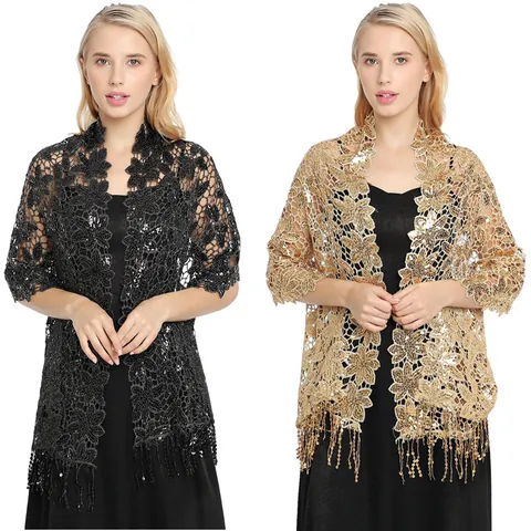 Women Elegant Sequin Tassel Shawl Water Soluble Lace Floral Hollow Out Wrap For Evening Party Wedding Banquet Formal Occasion