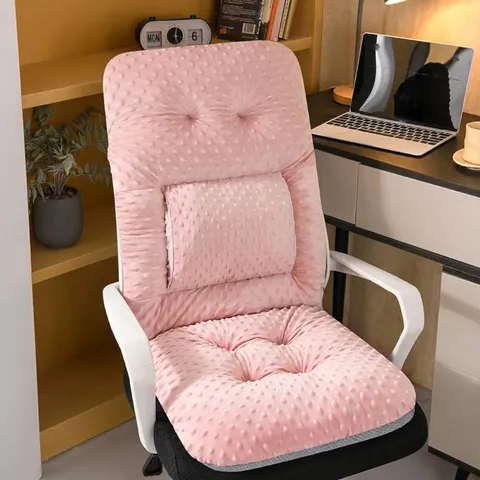 Thick Minky Dot Integrated Office Chair Cushion Plush Seat Pad With Backrest Solid Color Warm Bench Mat For Home Office Desktop