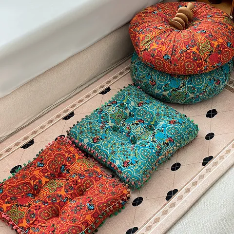 Marokkanisches Bodenkissen Böhmisches Getuftetes Mandala Pouf Mit Pompons Baumwolle Leinen Dekoratives Sitzkissen Für Wohnzimmer Deko