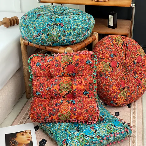 Marokkanisches Bodenkissen Böhmisches Getuftetes Mandala Pouf Mit Pompons Baumwolle Leinen Dekoratives Sitzkissen Für Wohnzimmer Deko