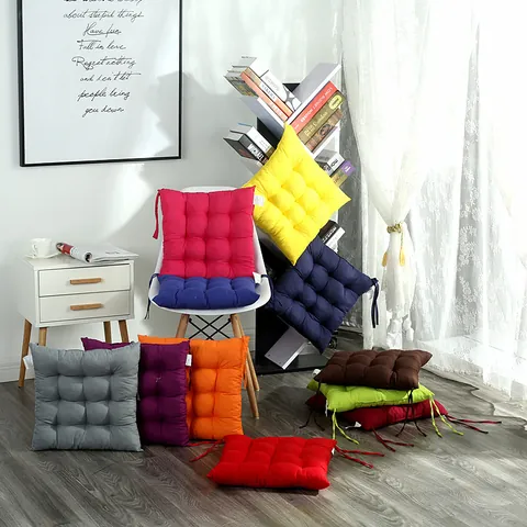 Cojín de Asiento Grueso Cepillado de Color Sólido Cuadrado para Silla de Comedor Con Correas para Oficina Computadora Estudiante Tatami