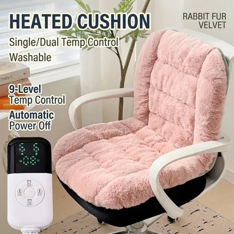 Office Electric Heated Seat Cushion Integrated Backrest Faux Rabbit Fur Plush Chair Pad 9 Temperature Levels Timer Auto-Off Lumbar Support Warming Mat
