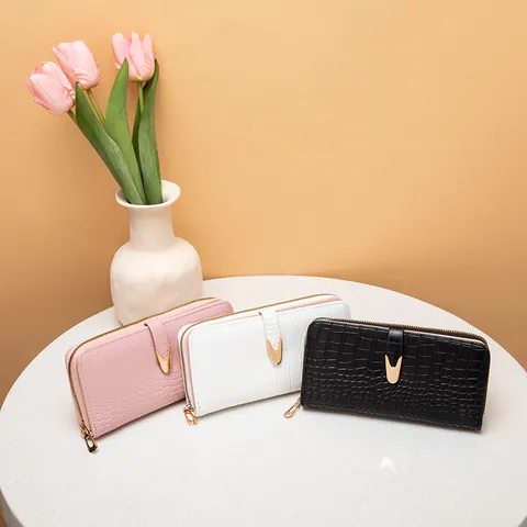 Cartera Larga para Mujer de Cuero PU con Patrón de Piedra y Cremallera Cartera Minimalista con Múltiples Ranuras para Tarjetas