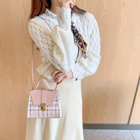 Women Contrast Color Plaid PU Leather Crossbody Bag Fashion Korean Style Mini Square Shoulder Bag With Lock Handbag For Ladies