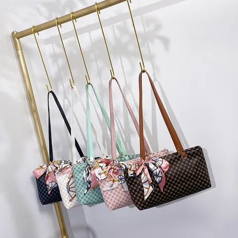 Fashion Women PU Printed Handbag Retro Geometric Monogram Shoulder Bag With Silk Scarf Decor Elegant Square Tote Bag