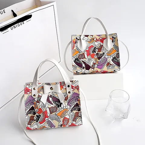 Fashion Women PU Leather Daisy Print Handbag Small Contrast Color Square Crossbody Bag Bow Decorative Top Handle Bag