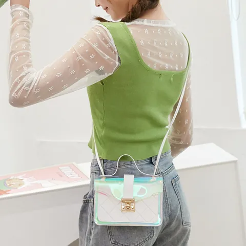 Women Transparent PVC Quilted Crossbody Bag Stylish Gold Lock Small Square Handbag With Shoulder Strap Trendy Clear Tote Bag For Ladies