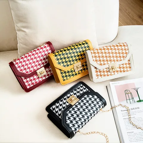 Fashion PU Leather Houndstooth Print Small Square Bag With Chain Strap And Metal Lock Crossbody Shoulder Bag For Women